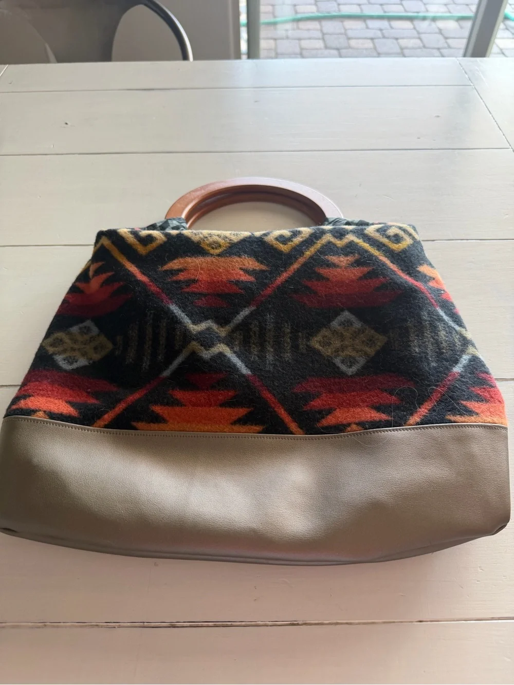 Wood-Handle Aztec Pattern Tote Bag Boho Festival Western Y2K Vintage 90s Tribal - Picture 2 of 3